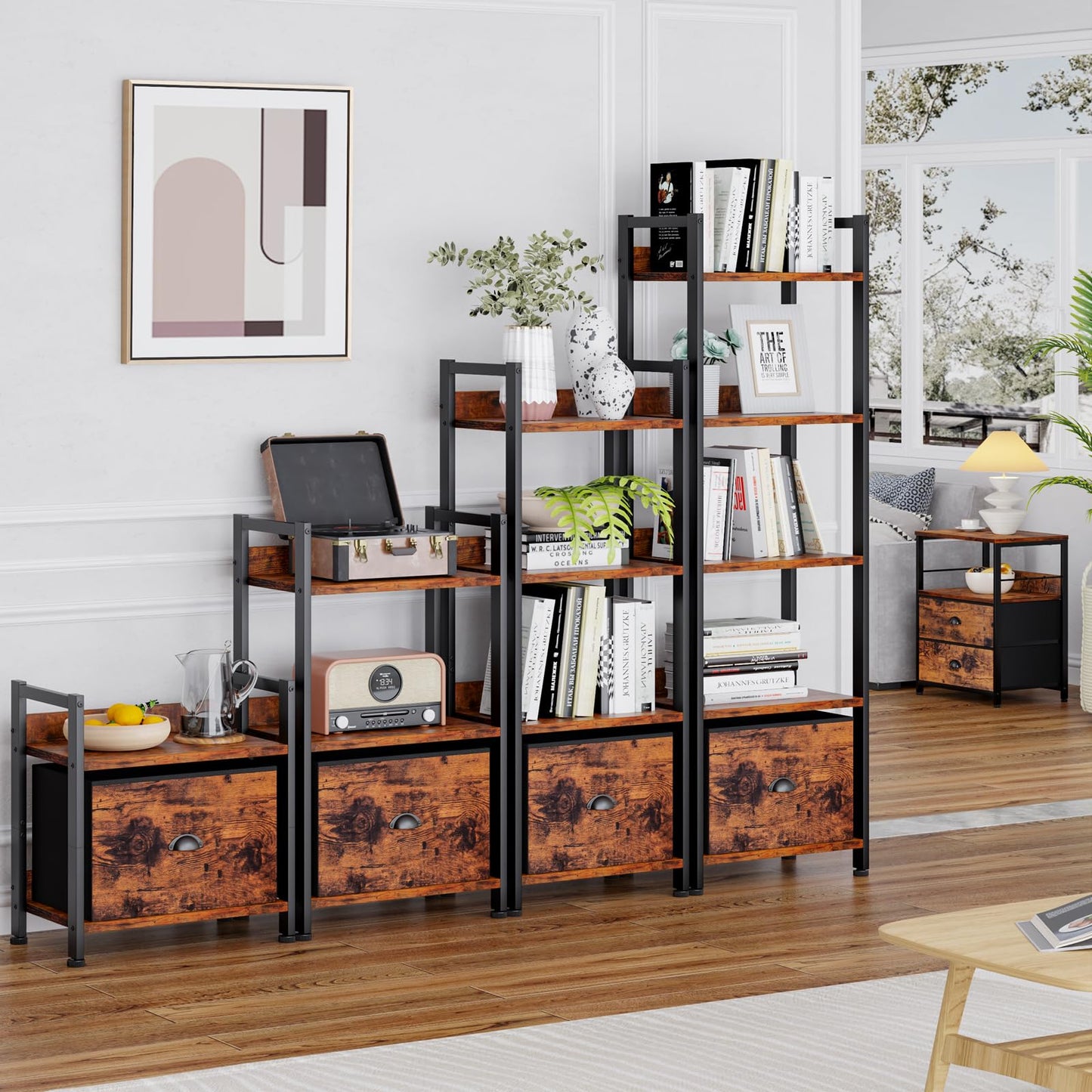 Furologee 4 Tier Bookshelf with Drawer, Tall Bookcase with Shelves, Narrow Bookshelves Storage Organizer, Wood and Metal Display Standing Shelf Unit for Bedroom, Living Room, Rustic Brown