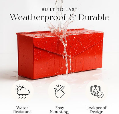 NACH Red Envelope Wall Mount Mailbox, Rust Resistant Metal Mailbox, Red Mailbox Wall Mount, Mailboxes for Outside Wall Mount, Outdoor Mailboxes, Wall Mailbox, 14.1 x 3.5 x 6 Inches, MB-6915RED