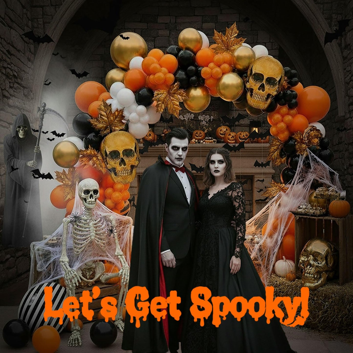 Halloween balloons arch kit Orange Black balloons skull stripe balloons & maple leaves spiderwebs for Fall adult horror halloween Birthday Spooky Theme Festival rick or Treat game Decorations