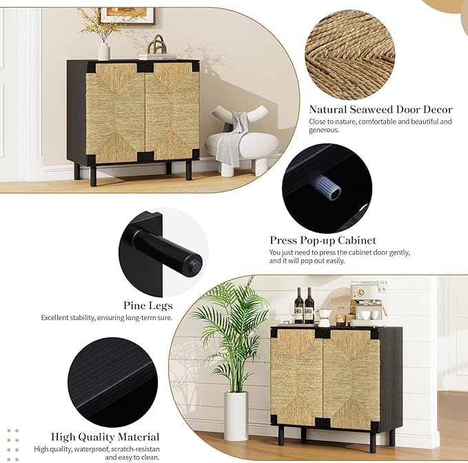 31.5" Black Accent Storage Cabinet, Modern Boho Sideboard