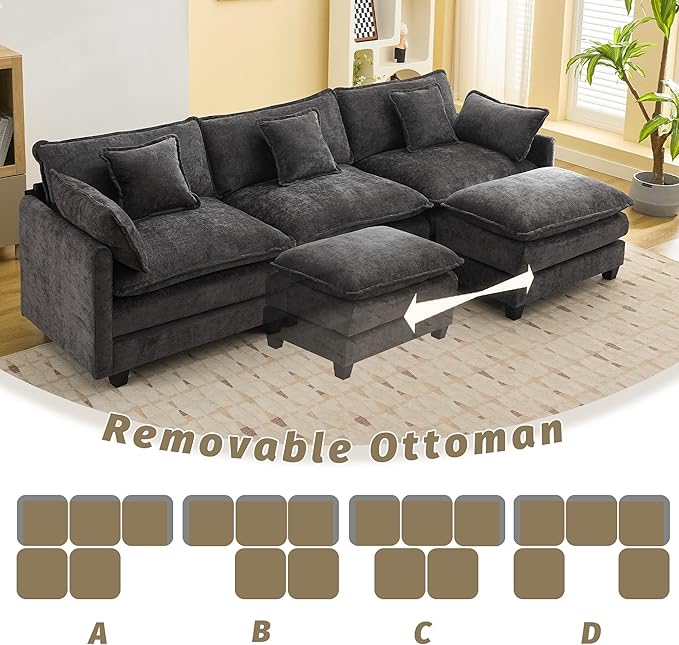 111'' Sectional Cloud Deep Seat Couch, Oversized Chenille U Shaped Sectional