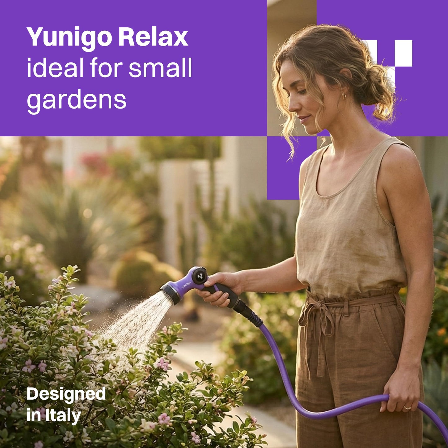 YUNIGO RELAX 50ft Expandable Purple Garden Hose – Lightweight No-Kink Design with Durable Aluminum Couplings, Spray Nozzle & Hose Mender for Home & Garden Watering