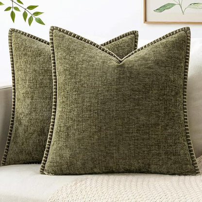 MIULEE Pack of 2 Couch Throw Pillow Covers 18x18 Inch Olive Green Farmhouse Decorative Pillow Covers with Stitched Edge Soft Chenille Solid Dyed Pillow Covers for Sofa Bed Living Room