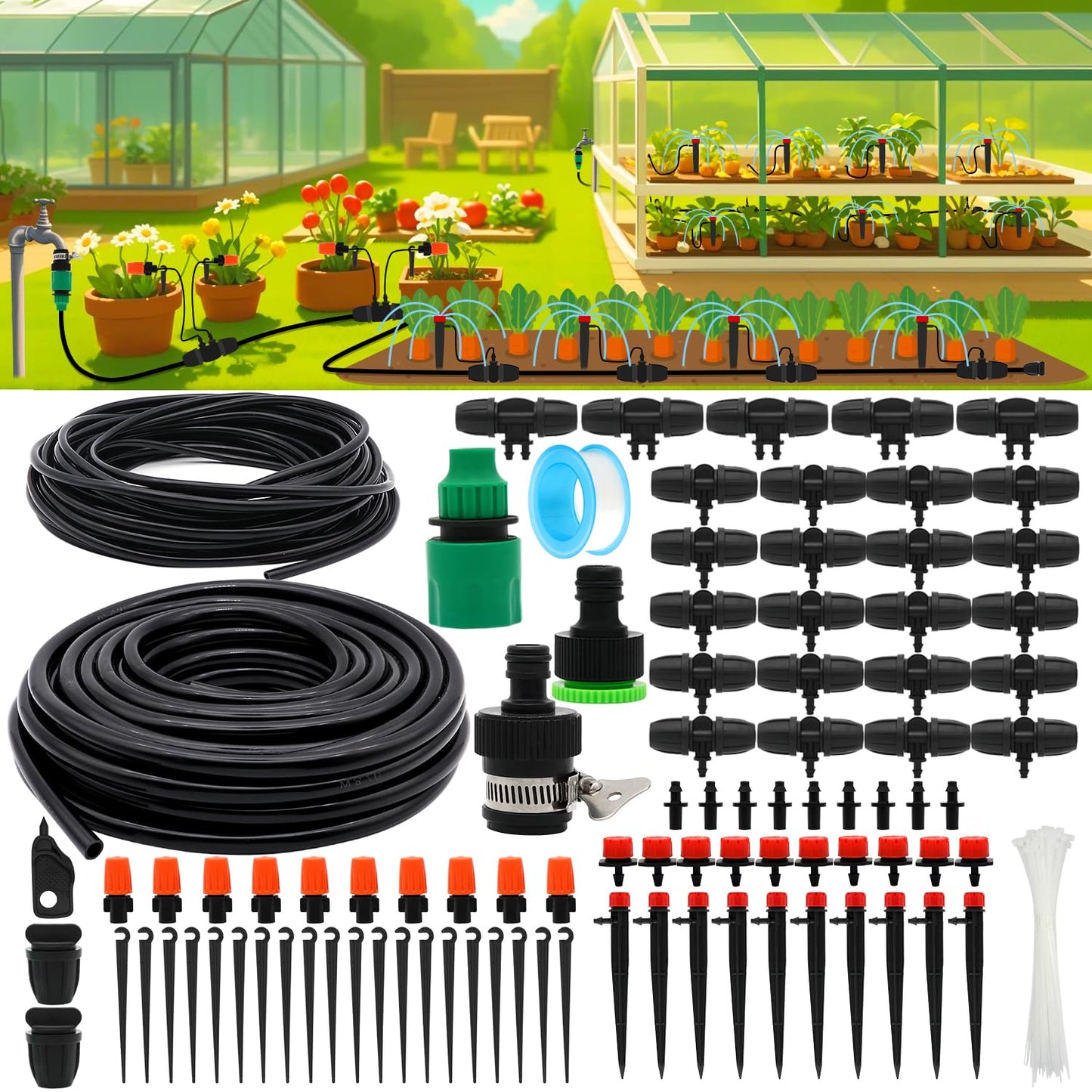 Drip Irrigation System, 100FT Drip Irrigation Kit for Garden - 50FT Main & 50FT Branch Tubing, Adjustable Nozzles for Drip or Mist Cooling, Irrigation System for Garden, Lawn, Patio, Raised Bed