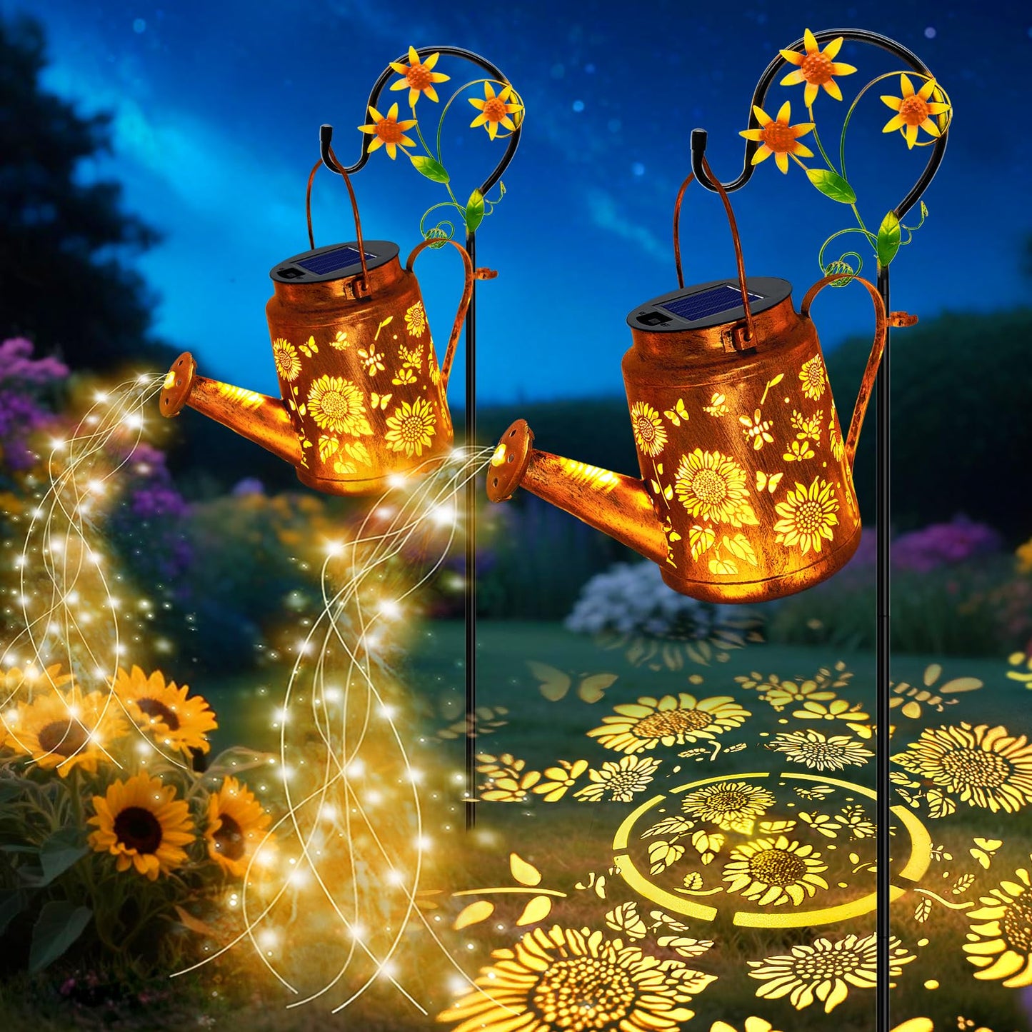 VOOKRY 2 Pack Sunflower Metal Solar Watering Can Lights, Solar Lights Outdoor Waterproof, Gifts for Women Mom Grandma Birthday, Hanging Lanterns Decorative Garden Decor for Outside Yard Patio Lawn