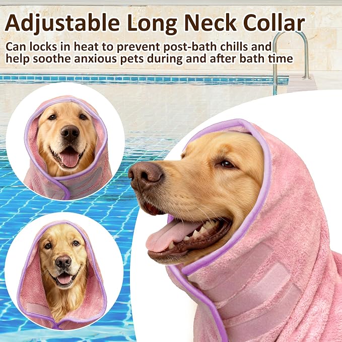 Soft Dog Bathrobe Fast Drying Dog Coat, Super Absorbent Dog Towels for After Bath, Microfiber Pet Robe Adjustable Collar & Belly Warm Keeping Dogs Coat for Pet Dogs & Cats (Pink, XX-Large)