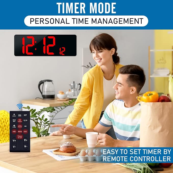 TXL16.5 Digital Wall Clock Large Display, LED Wall Clock RGB Color Changing, Count Up/Down Timer Clock with Remote Control, Adjustable Brightness Alarm Clock for Home, Office, Gym, Elderly, Auto DST