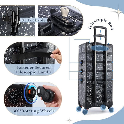 Stagiant Rolling Makeup Case Cosmetology Case on Wheels 4 in 1 Large Makeup Travel Case Nail Kits Organizer Train Case with Key Make Up Artist Salon Storage Traveling Cart Trunk Black Star