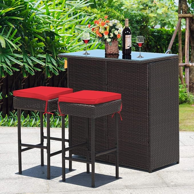 Tangkula Patio Bar Set, 3 Piece Outdoor Rattan Wicker Bar Set