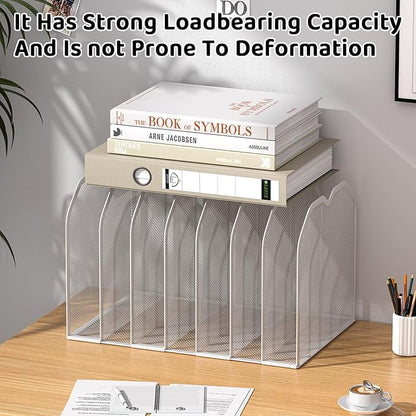 FANXIYQ White 7-Section File Folder Organizer for Desk – Metal Vertical File Holder, Desktop File Organizer Vertical Stand, Letter/A4 Folder Rack, Upright File Sorter, Office Paper Organizer
