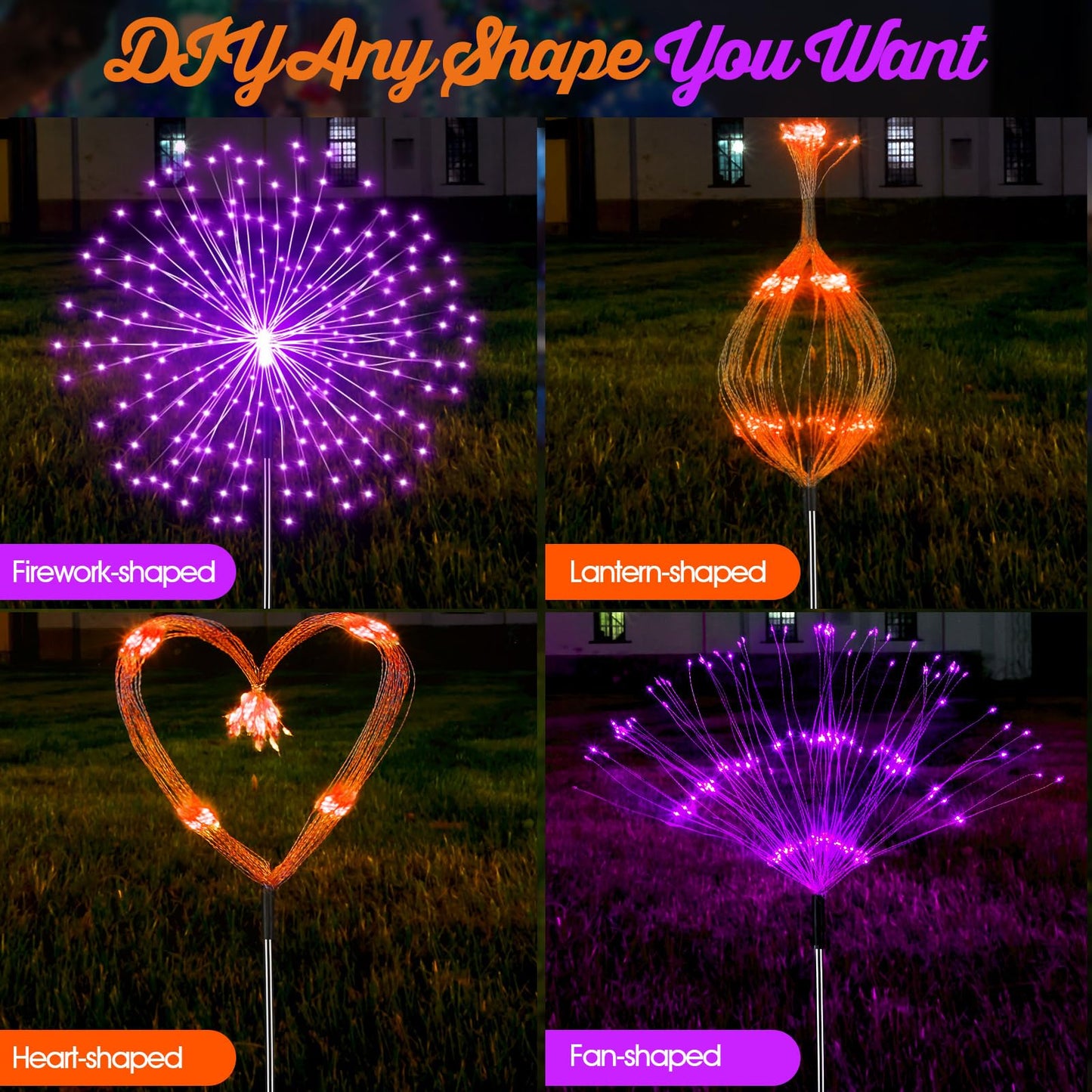 Tujoe 6 Pcs Fall Solar Firework Stake Lights 180 LED 8 Modes Solar Waterproof LED Sparkler Lights Outdoor Decoration for Halloween Christmas Holiday Garden Patio Yard Pathway Walkway, Orange, Purple