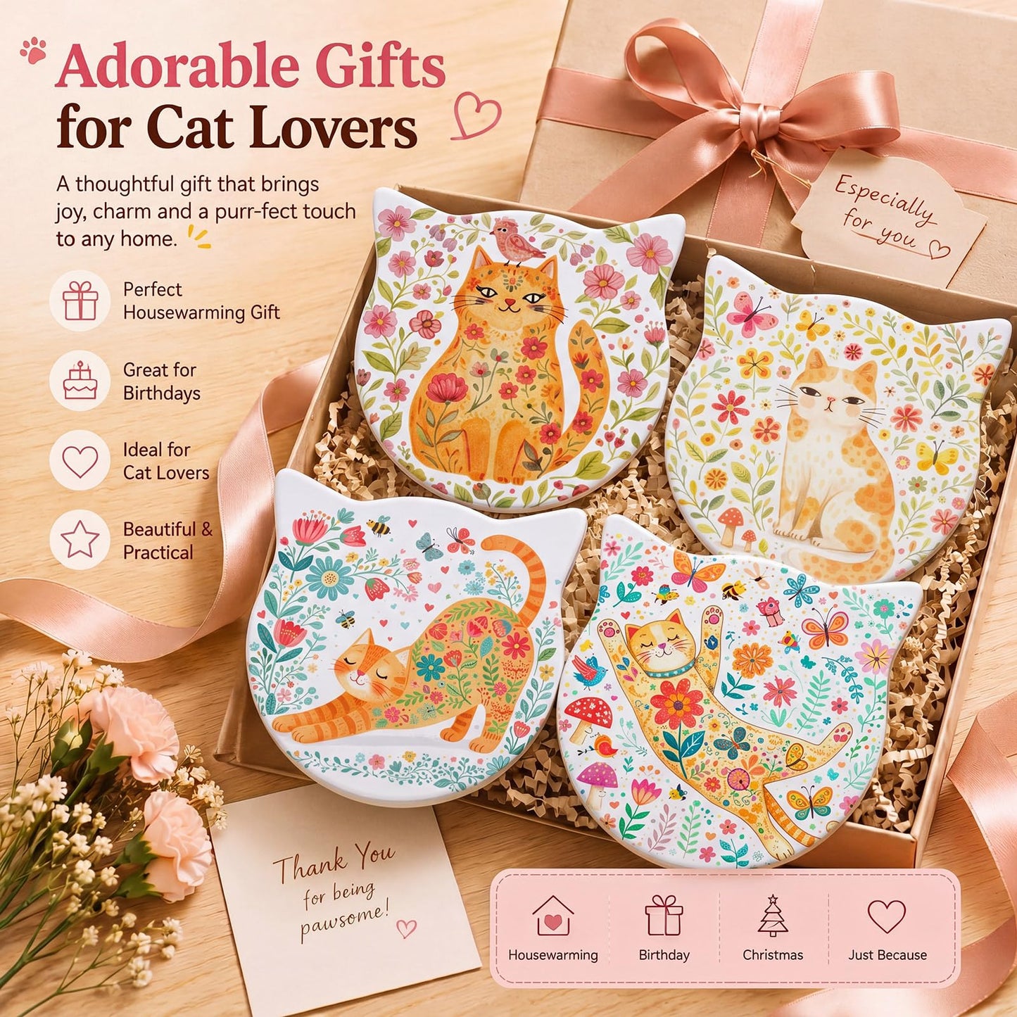 LemonRoad 4 Pack Cat Ear Coasters for Drinks 4.25 Inch Cute Absorbent Ceramic Coasters Non-slip Wooden Base for Housewarming Cat Lovers Gifts Kitchen Home Office decorate for Cold Drinks Wine Mugs Cup