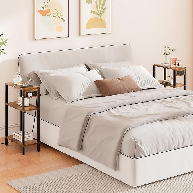 TUTOTAK Narrow Side Table with Charging Station, Small End Table with USB Ports