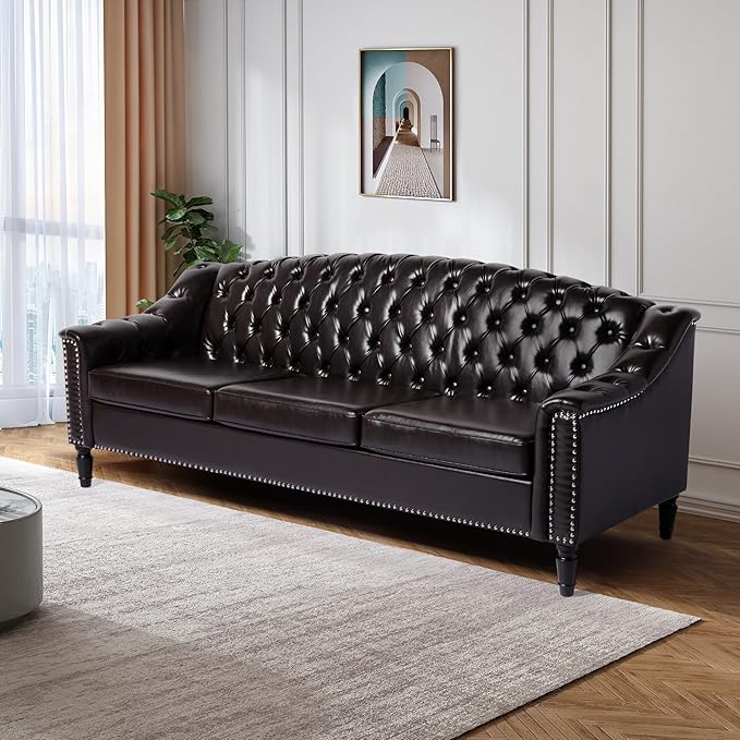 LEVNARY Mid-Century Modern Leather Couch, Chesterfield Sofa Sleeper Settee