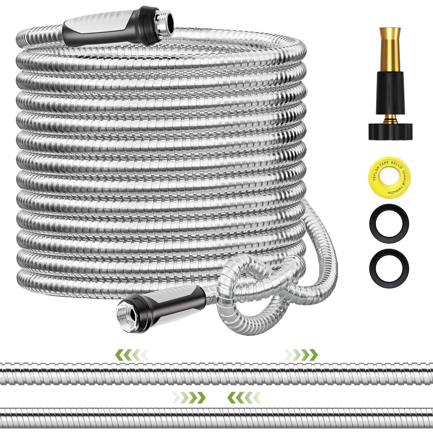 SPECILITE Expandable Garden Hose 50 FT, 304 Stainless Steel Heavy Duty Metal Water Pipe with Adjustable Nozzle - Flexible, Kink Free, Leak-Proof, Lightweight, for Outdoor, Yard, Lawn, Car Washing
