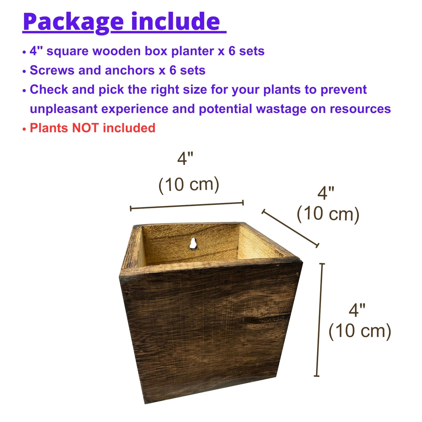 LaLaGreen Wood Planter Boxes for Indoor Plants (4x4 Inch, 6 Pack) Small Square Wall Mounted Planters Flower Pot, Herb Wooden Box Hanging Plant Holder Outdoor Balcony Vertical Garden Modern Home Decor