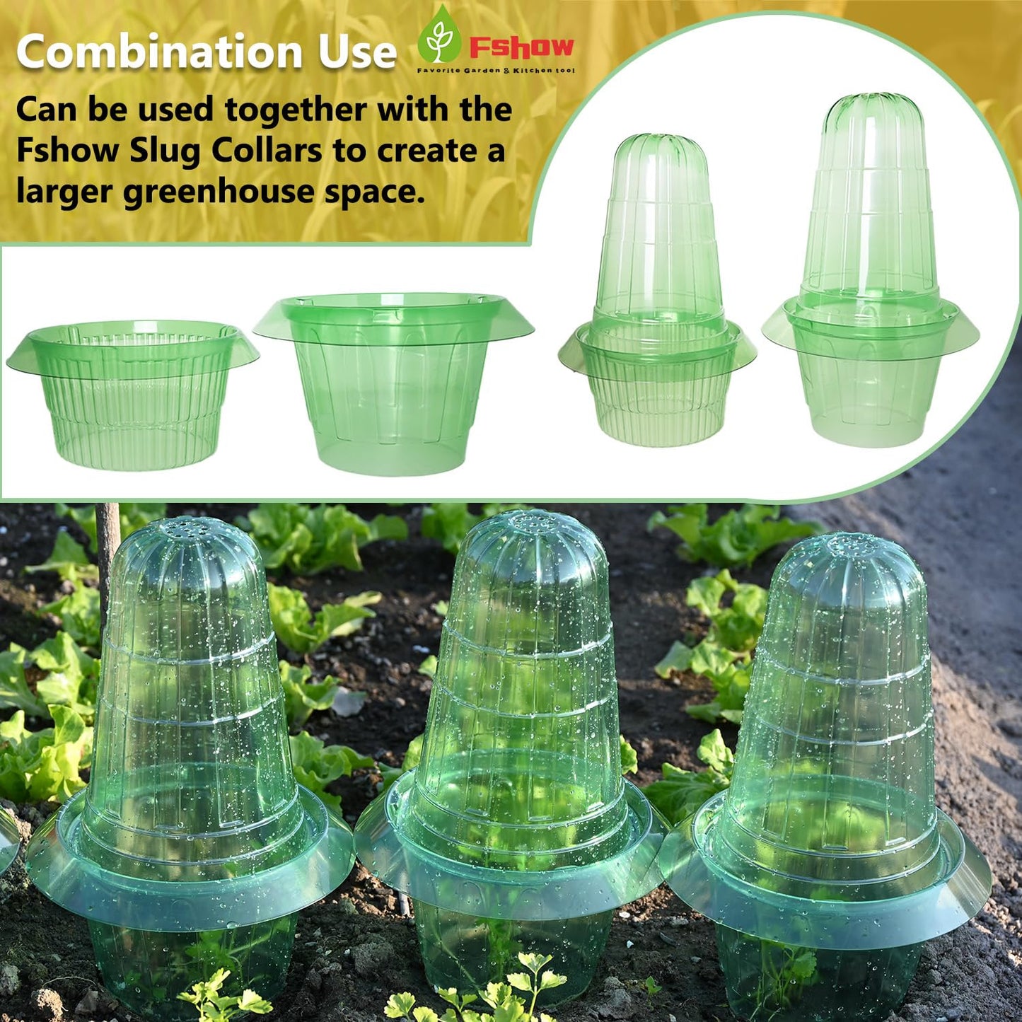 Fshow Upgraded Garden Cloches for Plants, Reusable Bell Plant Protector, Garden Protection from Animals Snails Birds Chickens Insect， Compatible with Slug Collar(Green 20 Pack)