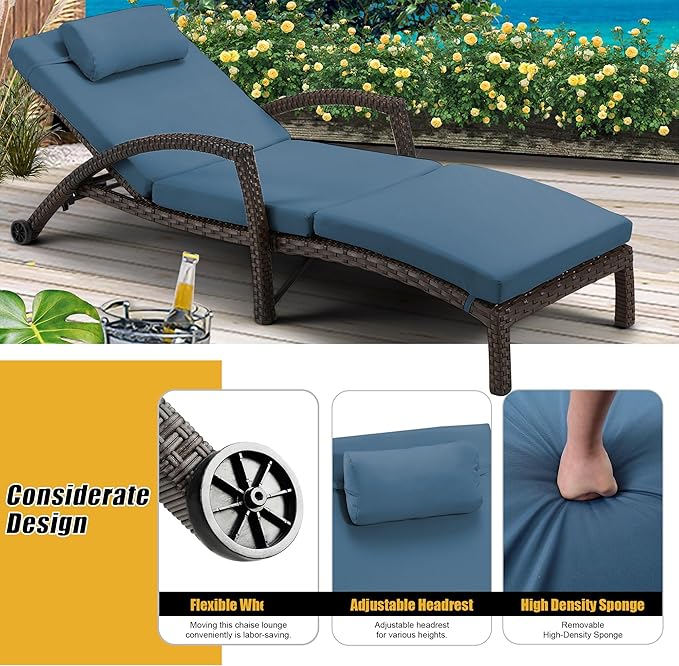HOMREST Chaise Lounge Chairs Set of 6, PE Rattan Wicker Patio Lounge Chair