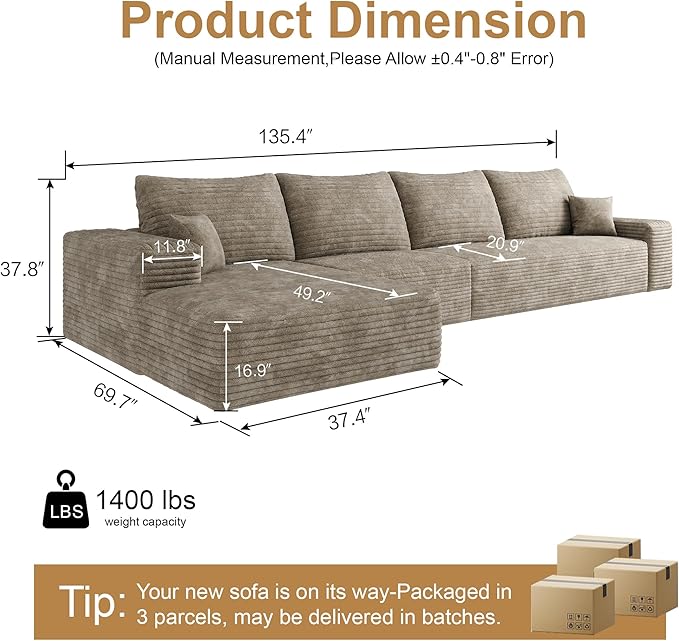 136" Sectional Couches for Living Room Cloud Couch Sofa