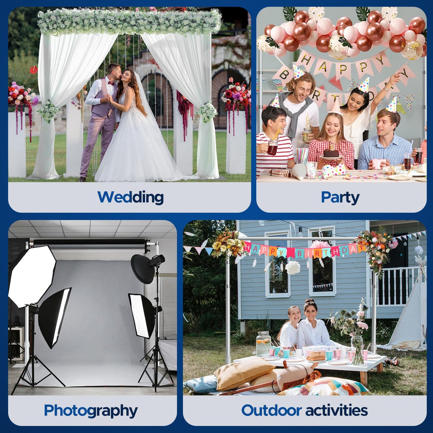 Qoolfoto Pipe and Drape Backdrop Stand, 10x10ft Heavy Duty Adjustable Backdrop Frame with Metal Base, Background Holder for Parties Photography Wedding Photoshoot Decoration