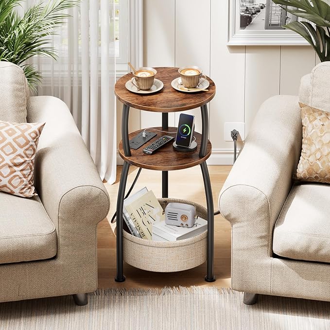 Side Table with Charging Station, Small Round End Table with Basket, USB Port