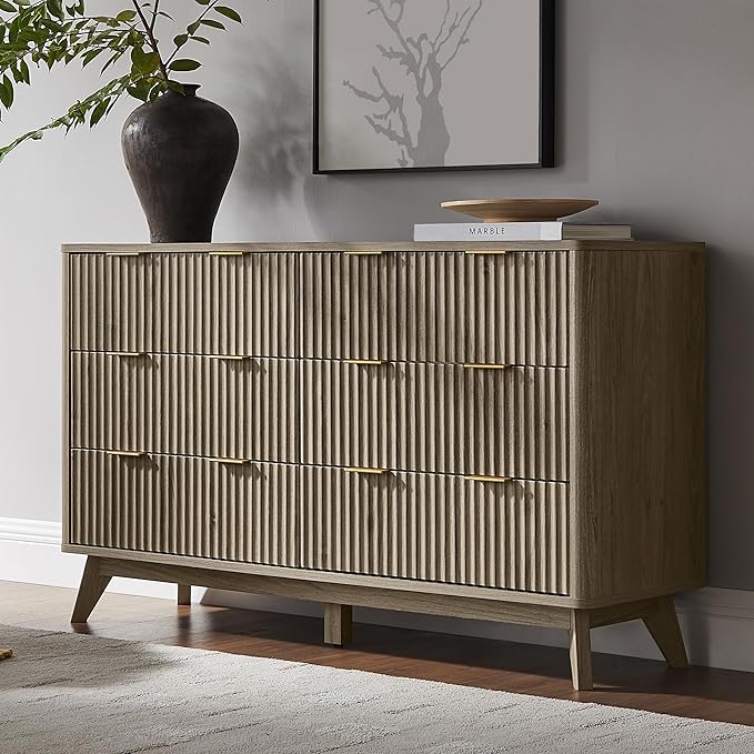T4TREAM Fluted 6 Drawers Dresser, Curved Profile Design, Dresser TV Stand