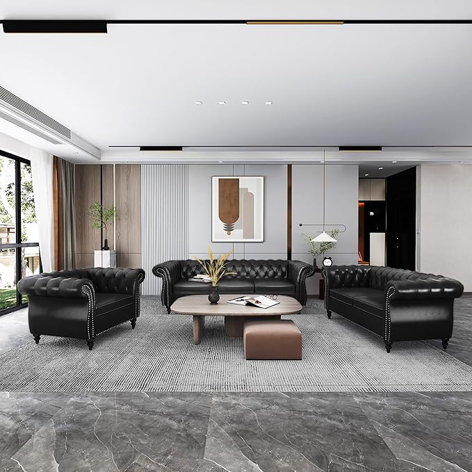 3 Piece Living Room Set, Chesterfield Leather Sofa Loveseat Couch Chair
