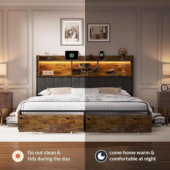 LARMACE King Bed Frame with 6 Storage Drawers, Bed Frame King Size with Linen