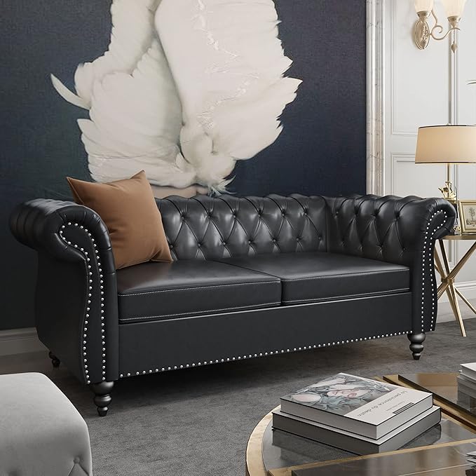 2 Piece Living Room Set, Chesterfield Leather Sofa Couch Chair