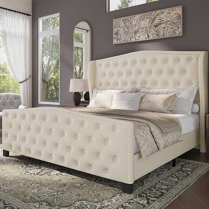 BRELTAM Upholstered Queen Size Bed Frame Velvet Beige Tufted Platform Bed Frame
