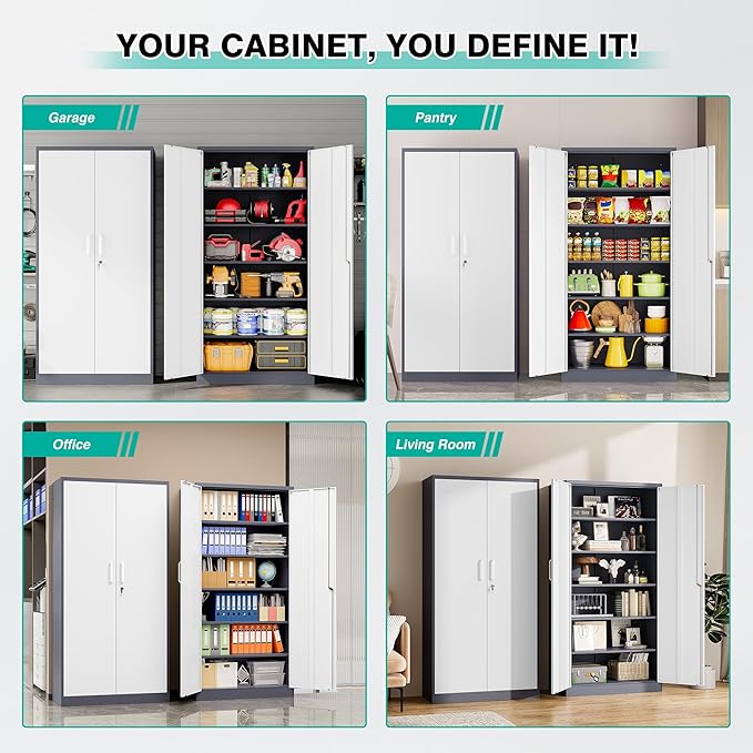 Metal Storage Cabinet with 2 Doors and 6 Shelves, Locking File Cabinet