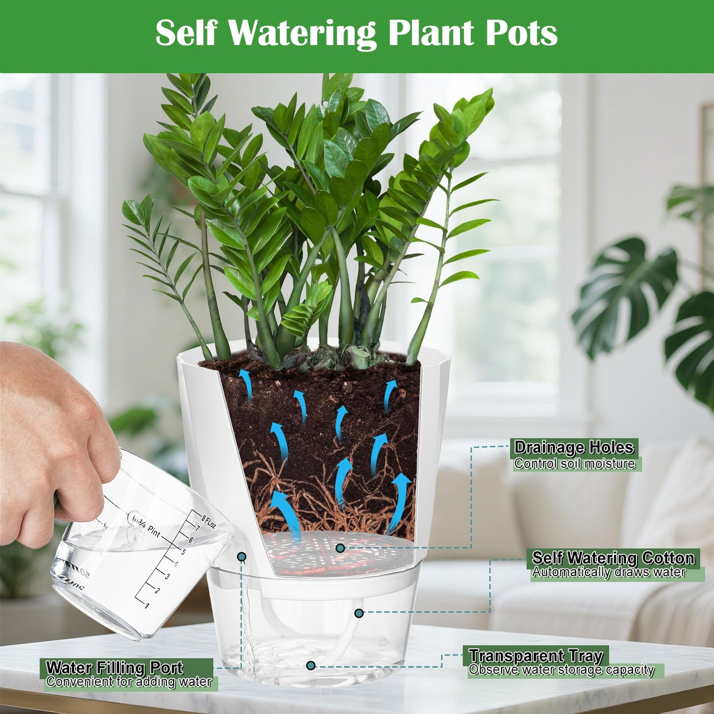 KIMCHOMERSE Self Watering Plant Pots 4.7 Inch, 3 Pack Indoor Planters with Drainage Holes & Saucers, Decorative Plastic Flower Pots for House Plants Home Office Decor (White, Pink, Blue)