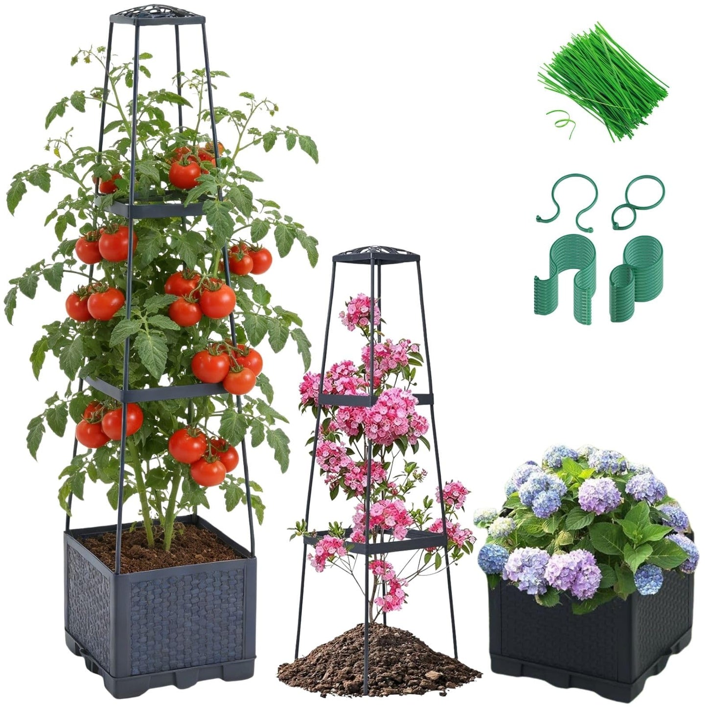 Lancisism Raised Garden Bed Tomato Planter with Trellis - 45" Self Watering Planters Box with Trapezoidal Trellis for Climbing Plants Vegetables Flowers - Tomato Cages for Greenhouse Indoor Outdoor