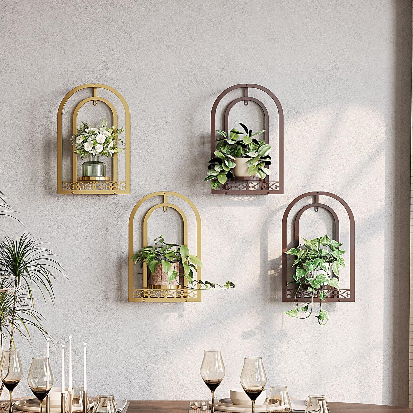 Rioneta Hanging Planter for Indoor & Outdoor Plants, Mid Century Modern Iron Frame Wall Decor for Living Room Garden Patio 3 Pack Coffee（No Light）