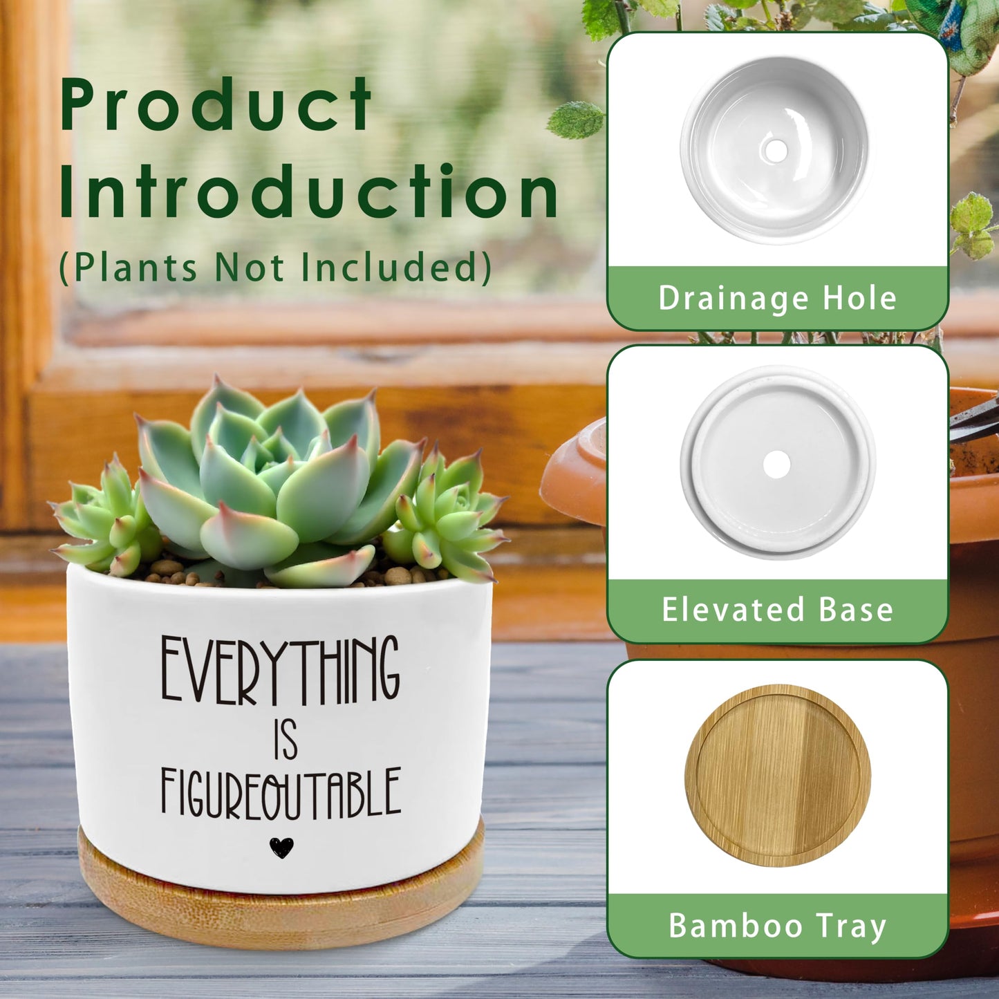 ROXMART Everything is Figureoutable Plant Pots, Motivational Gifts for Women Men Succulent Planters, Positive Affirmation Gifts Ceramic Plant Flower Pots for Home Office Desk Table Shelf(No Plants)