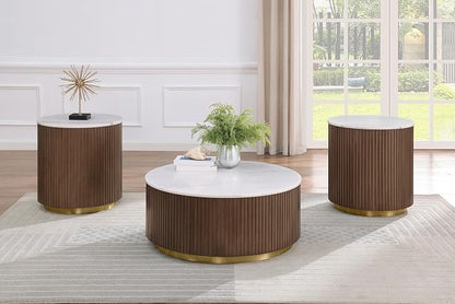 Coaster Home Furnishings - Jason - Wood and Metal - 3-Piece Coffee Table Set with Marble Tops, Reeded Drum Bases, and Gold Ring Accents - Living Room - Honey Brown and White Marble - 712418-S3