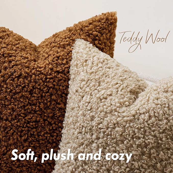 Faux Fur Throw Pillow Covers 24x24 Inch Set of 2 Boucle Neutral Decorative
