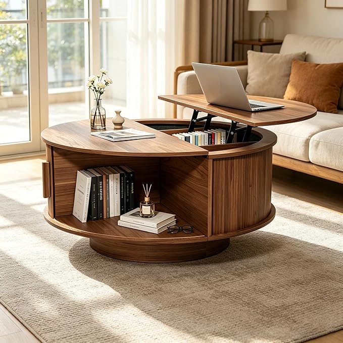 Round Lift Top Coffee Table, Mid Century Modern Fluted Circle Coffee Table