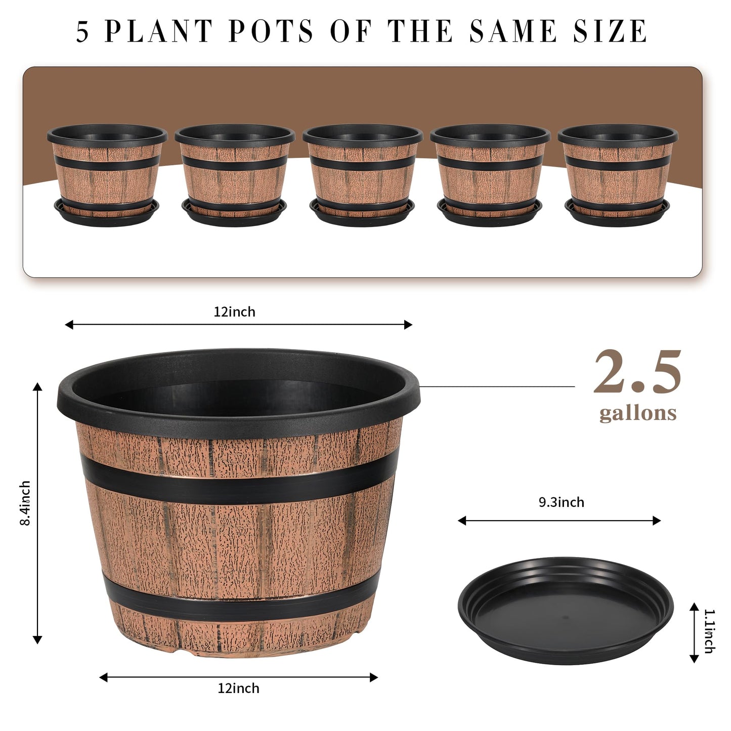 WEICHENGXING 12 Inch Whiskey Barrel Planters with Drainage Holes & Saucer, 5 Pack Plastic Plant Pots with Wine Barrel Design, Flower Pots for Indoor Outdoor Balcony