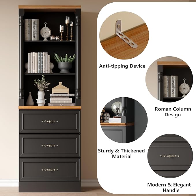Bookshelf with Drawers, Floor Standing Display Storage Cabinet