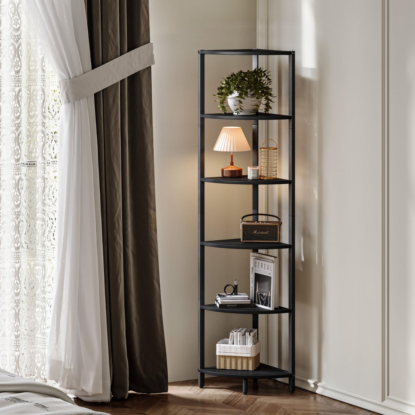 IRCPEN 6 Tier Corner Shelf 63.1" Tall Corner Shelves Stand Ladder Shelf Standing Bookshelf Organizer Display Rack Bookcase Plant Stand Industrial Rustic Style for Living Room Bedroom Black CS-001BW