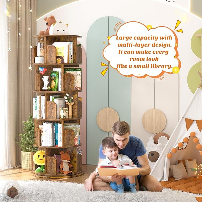 Aheaplus Rotating Bookshelf, 360 Display Wood Spinning Bookshelf Tower