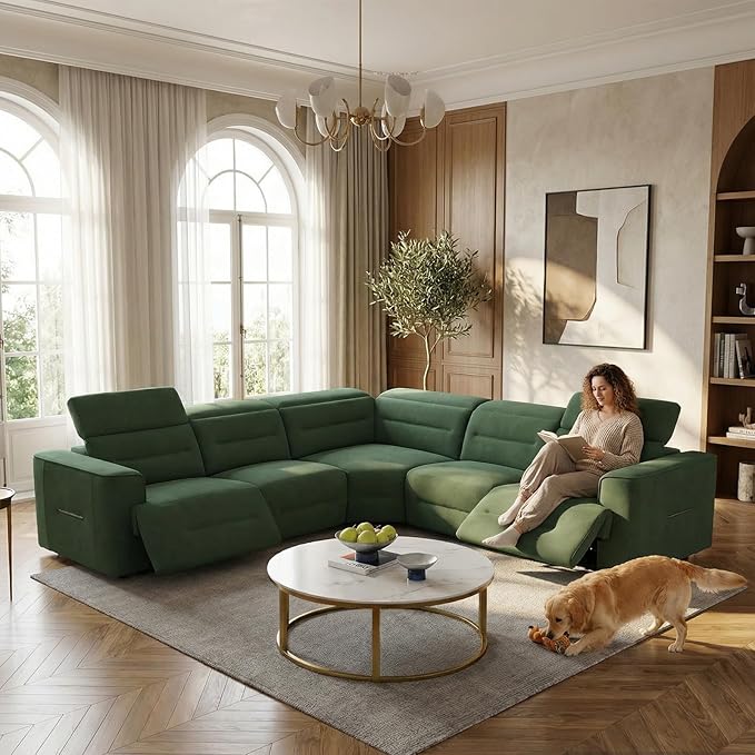 Power Recliner Sectional Sofa, L-Shaped Living Room Furniture Set, Flannel