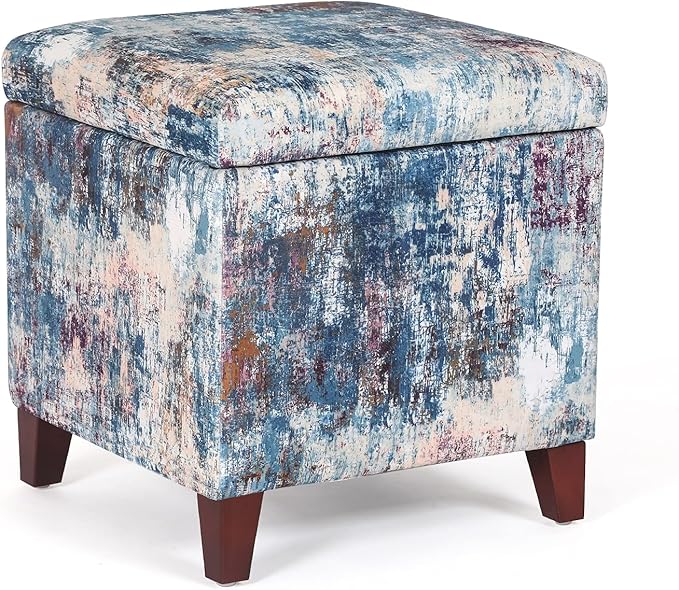 Adeco 18 Inch High Cube Ottoman Storage, Linen Chair Foot Stools, Upholstered