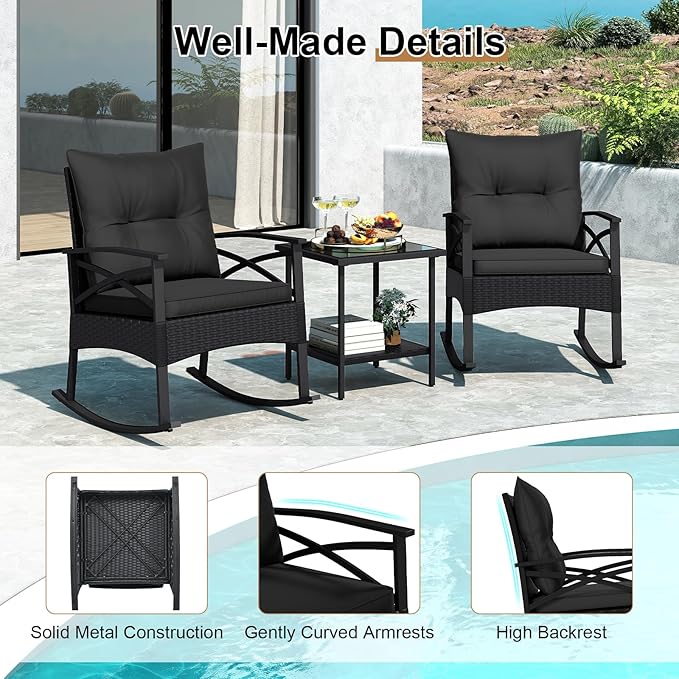 Tangkula 3 Pieces Outdoor Rocking Chairs Set, Rattan Heavy Duty Cushioned