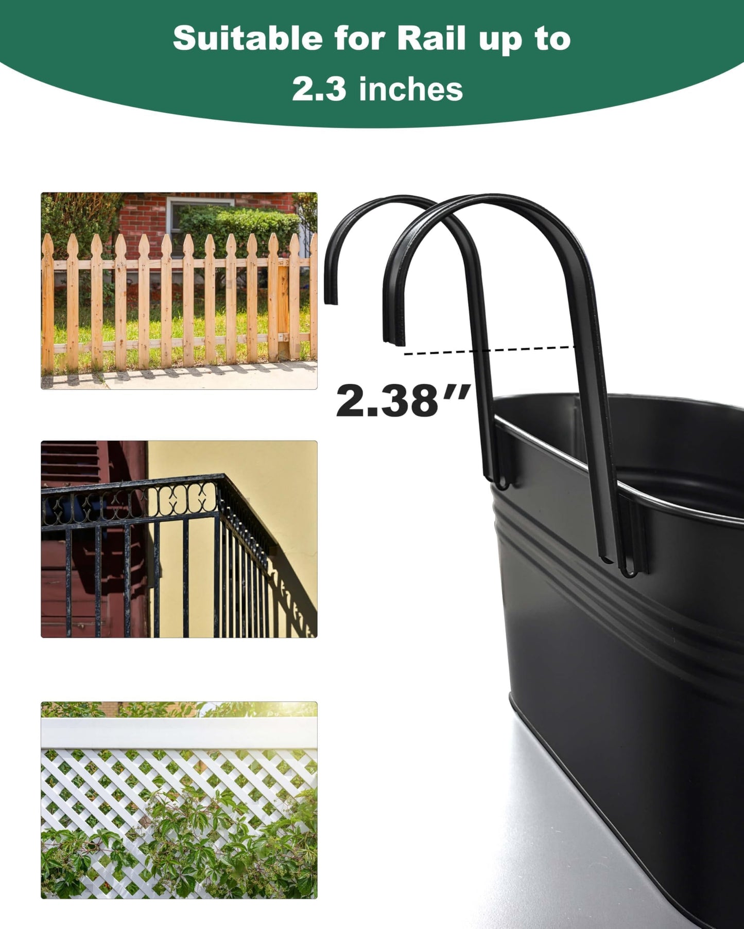 Metal Railing Planters for Outdoor Plants - 3 Pcs Balcony Hanging Flower Pots with Detachable Hooks & Drain Holes, Windowsill Oval Hanging Bucket Pots Fence Planters for Garden Home Decor, Black