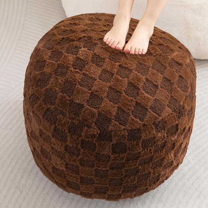 HIGOGOGO Round Stuffed Pouf Ottoman, Plaid Poufs