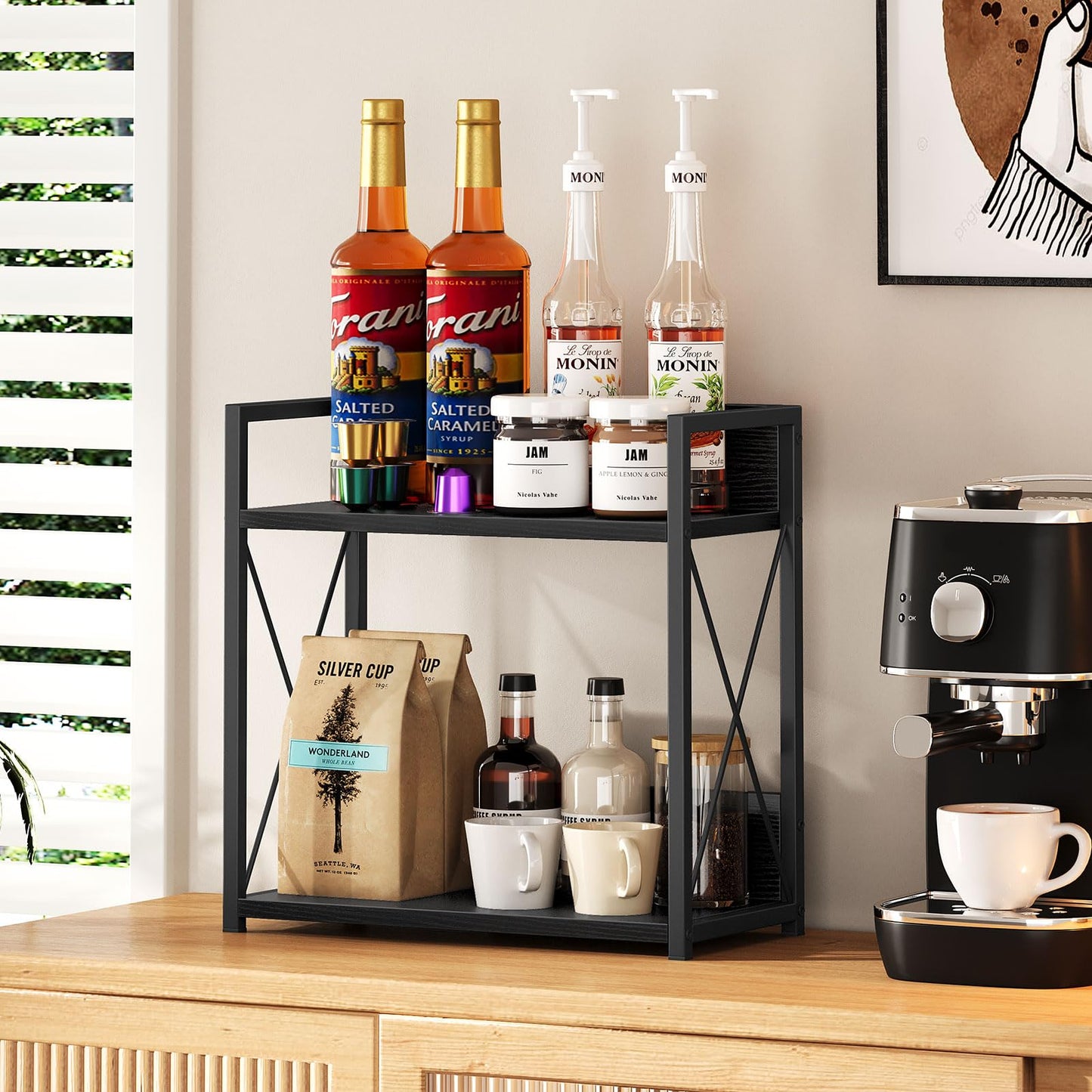 Giikin Kitchen Countertop Organizer, 2 Tier Coffee Bar Organizer, Black Spice Rack for Counter, Kitchen Counter Shelves, Particleboard, Large Size (15.8" L x 7.9" W x 15.8" H), Black