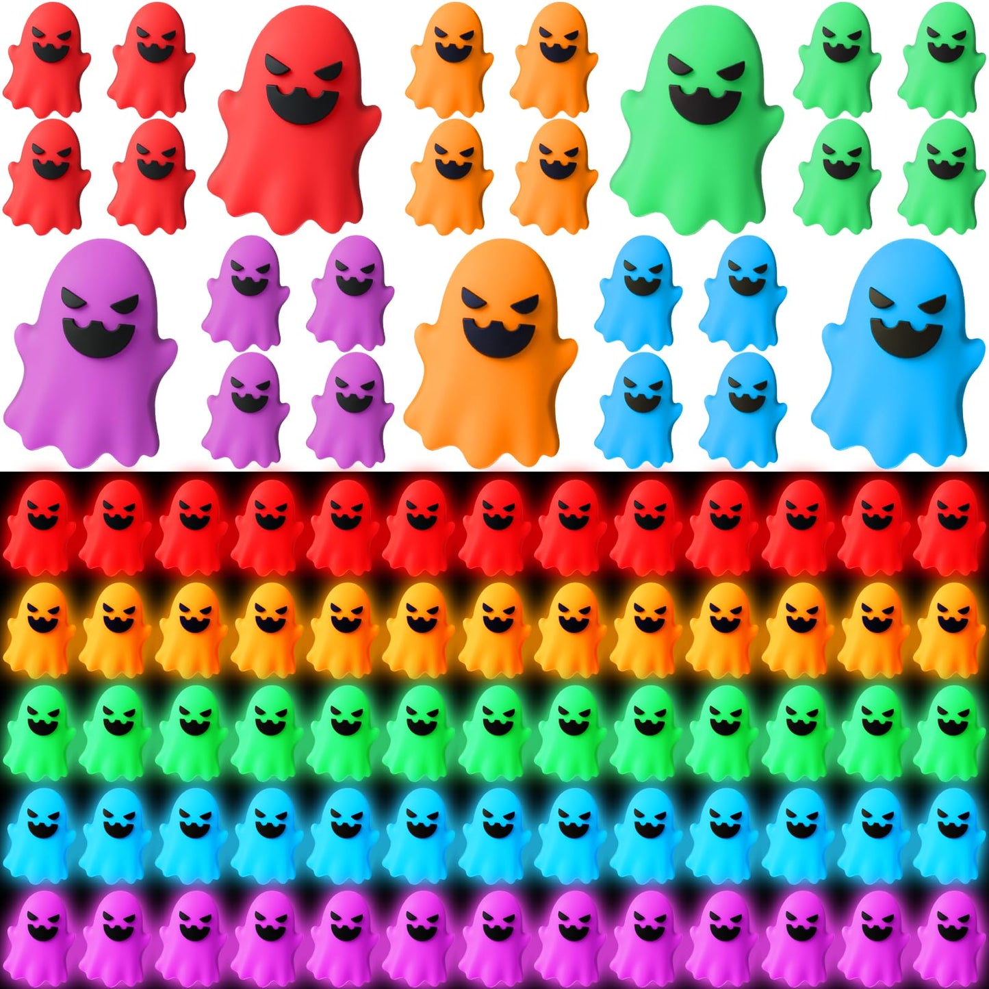 Simgoing 100 Pcs Halloween Glow in The Dark Mini Ghost Figurines, Halloween Treats Non Candy Gifts for Pumpkin Bucket, Luminous Tiny Ghost for Trick or Treat, Hide and Seek Party Favor, Spooky Decor