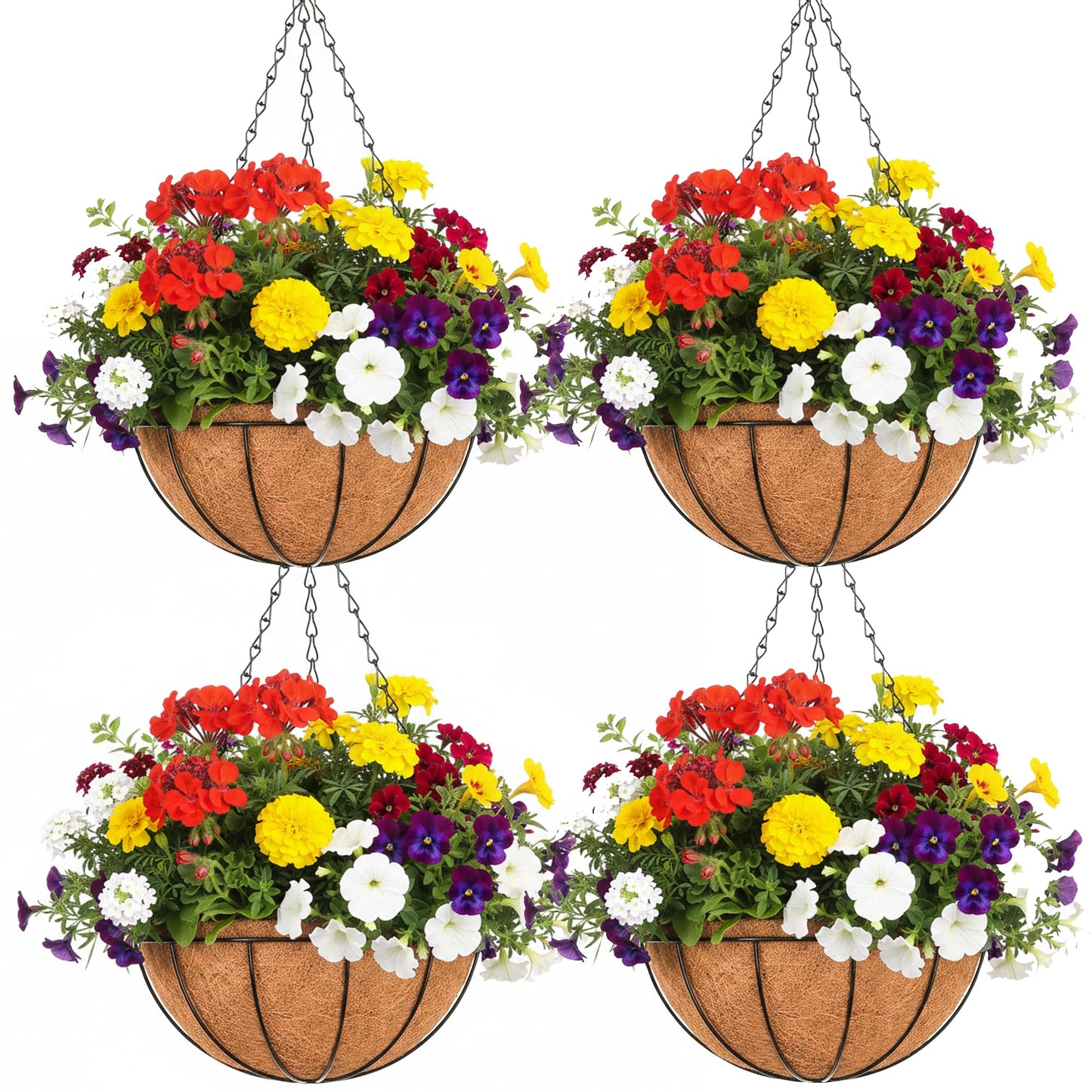 EIMQUVW Outdoor Metal Hanging Planters Basket (4pack, 8 inch) Hanging Baskets for Plants Chain Round Wire Plant Holder with Coco Fiber Liners for Garden, Patio, Deck, Porch